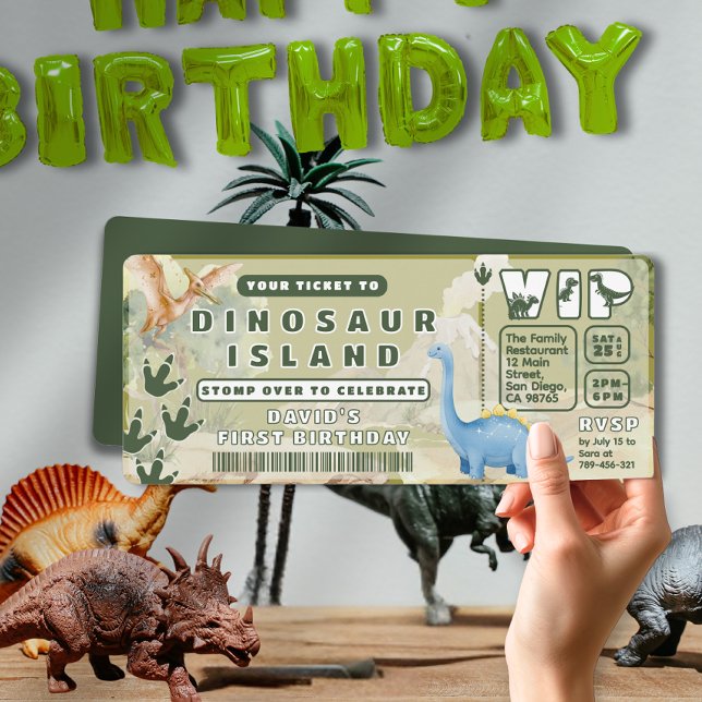 Jungle Volcano Dinosaur Theme Park Biljett Inbjudningar (Jungle Volcano Dinosaur Theme Park Ticket Birthday Invitation)