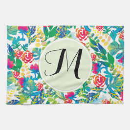 Jungle Watercolor Flowers Blommigt Bra Monogram Kökshandduk