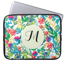 Jungle Watercolor Flowers Blommigt Bra Monogram Laptop Sleeve