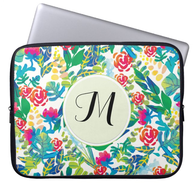 Jungle Watercolor Flowers Blommigt Bra Monogram Laptop Sleeve (Framsidan)