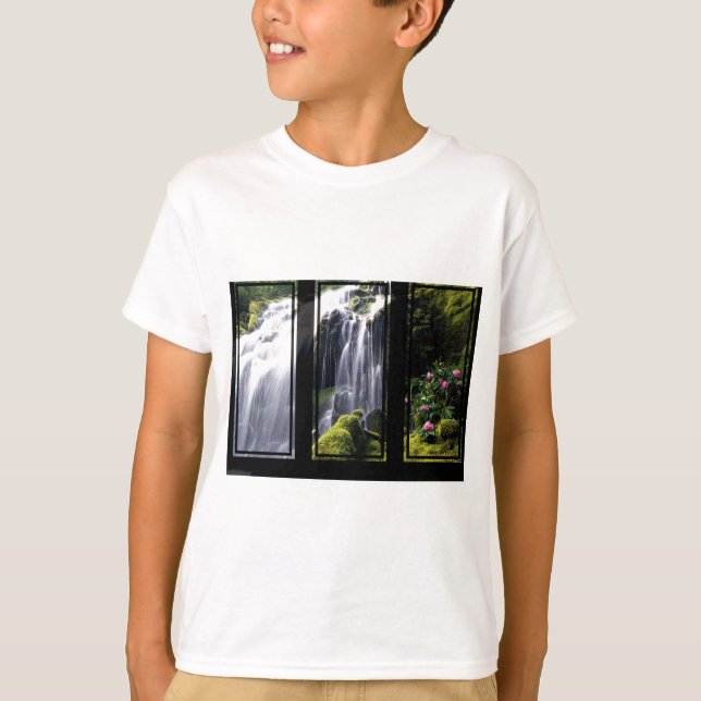 Jungle Waterfall Triptych Digital Art Tee Shirt (Framsida)