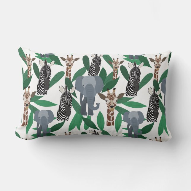 Jungle Zebra Elephant Giraffe Safari Animals Lumbarkudde (Framsida)