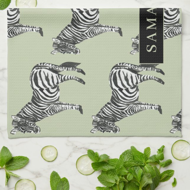Jungle Zebra Vild Mönster & Personlig Namn Kökshandduk (Vikta)