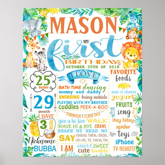 Jungle zoo animal Birthday poster skylt ombord (Framsidan)