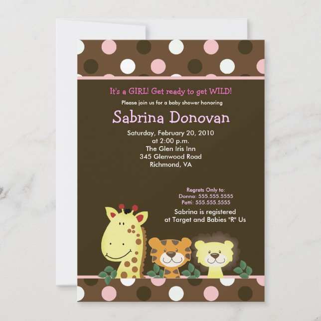 JUNGLE ZOO PARTY 5x7 Brown/Rosa Baby Shower Inbjudningar (Framsida)