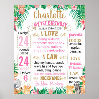 Jungle Zoo Safari Animals Birthday Board Poster