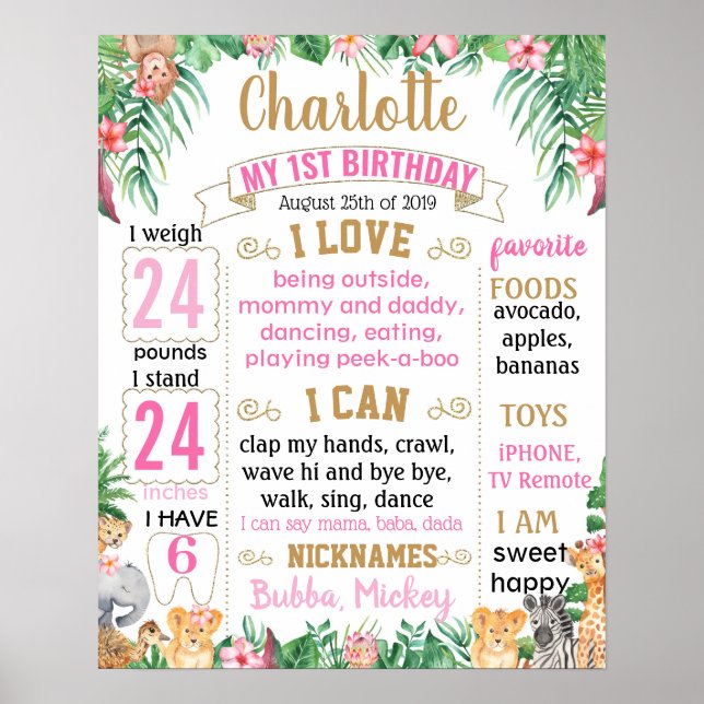 Jungle Zoo Safari Animals Birthday Board Poster (Framsidan)