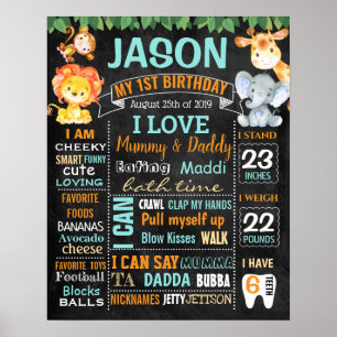 Jungle Zoo Safari Animals First Birthday Board Poster