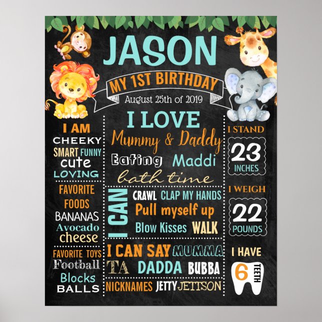 Jungle Zoo Safari Animals First Birthday Board Poster (Framsidan)