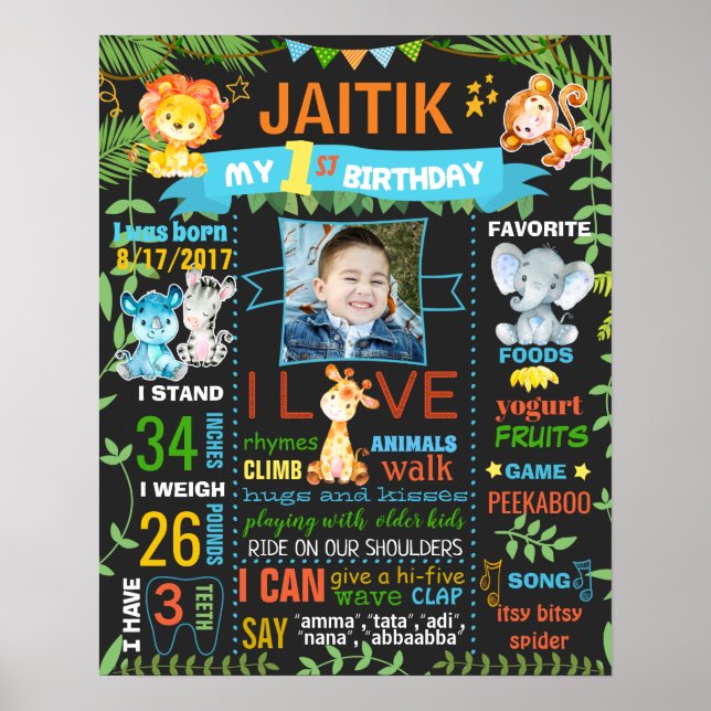 Jungle Zoo Vilda djur Birthday chalkboard Poster (Framsidan)
