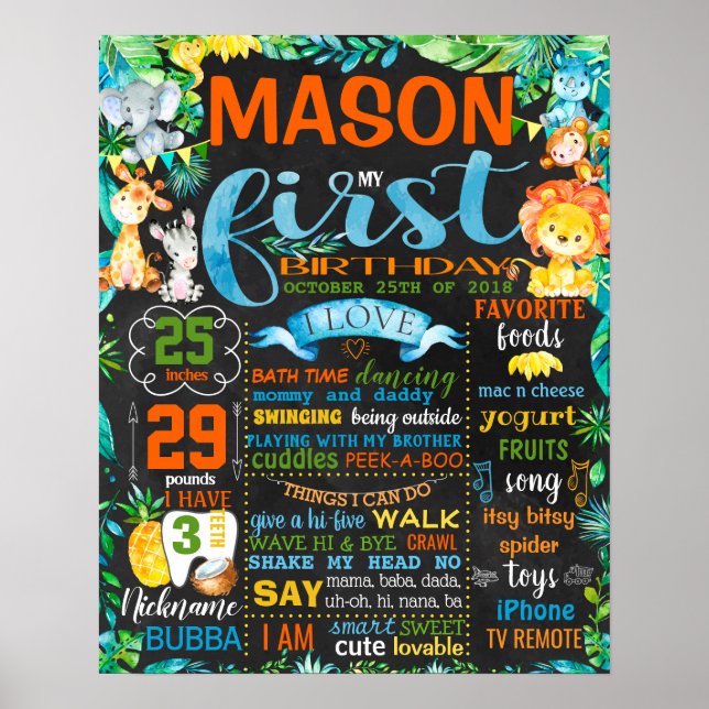 Jungle Zoo Vilda djur Birthdya chalkboard Poster (Framsidan)