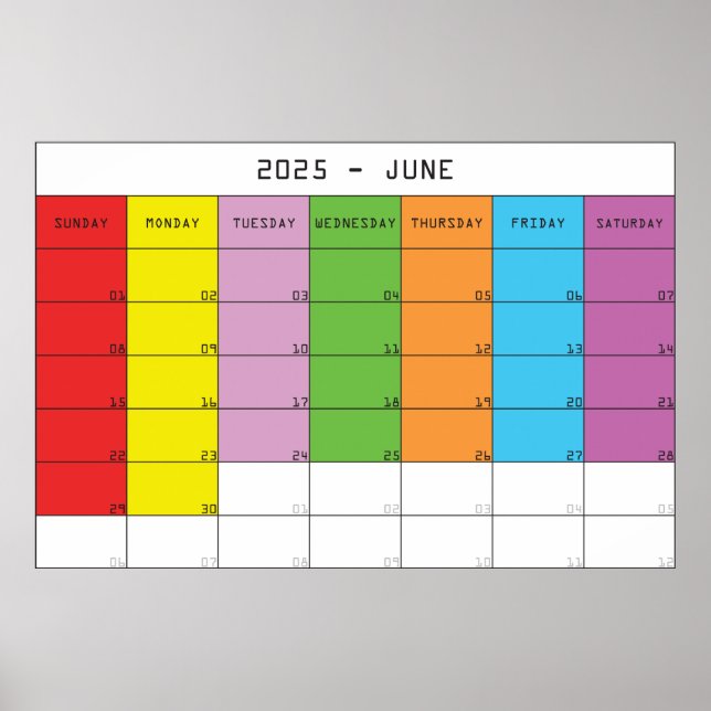 Juni 2025 färgdagar kalender planerare poster (Framsidan)