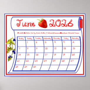 Juni 2026 Jordgubbsblåbärs Tyger Teckensnitt Rulle Poster