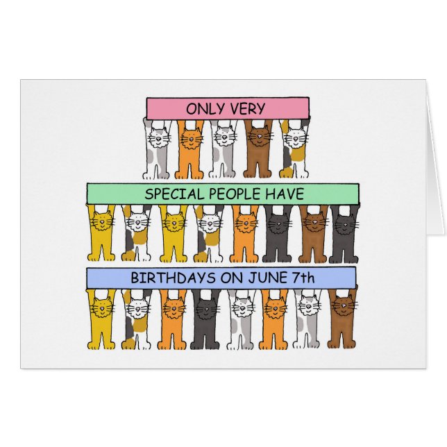 Juni 7:e födelsedag, Tecknad Cats. Hälsningskort (Framsidan Horizontal)