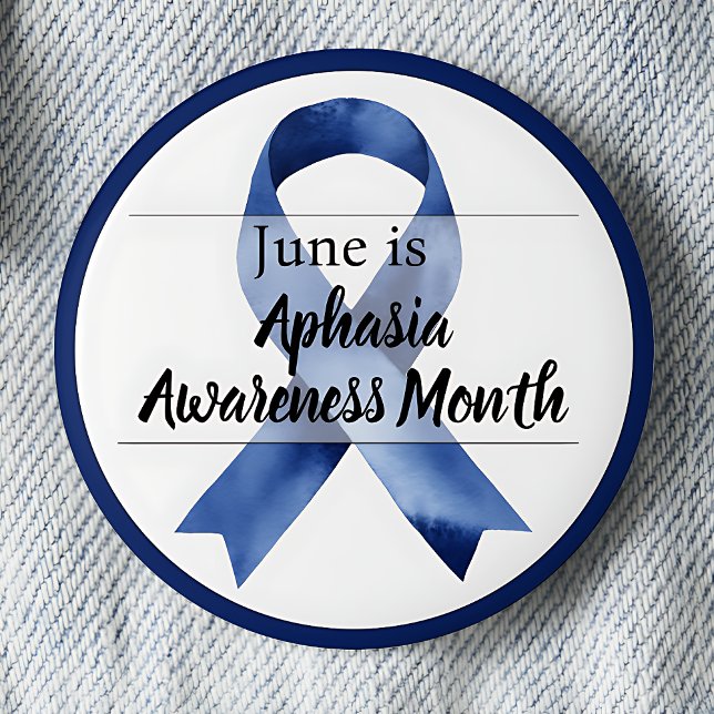 Juni är månad för afasimedvetenhet knapp (Blue awareness ribbon.  June is Aphasia Awareness Month pinback button.)