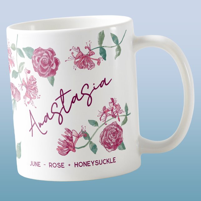 Juni Födelsedagsblomma Anpassat Namn Ros Kaprifol Kaffemugg (June birth month flower personalized custom name rose honeysuckle watercolor art coffee mug gift)