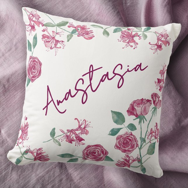 Juni Födelsemånad Lönnros Personlig Kudde (June birthday personalized custom name birth month flower watercolor honeysuckle rose throw pillow)