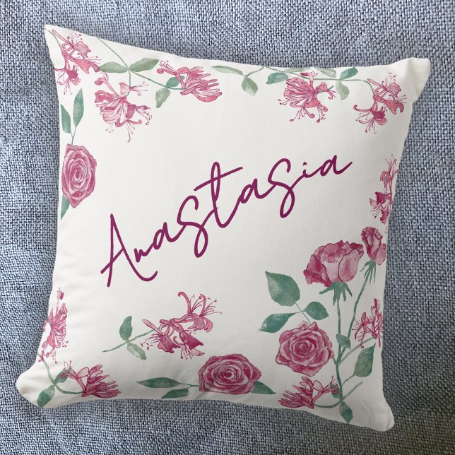 Juni Födelsemånad Lönnros Personlig Kudde (June birthday personalized custom name birth month flower watercolor honeysuckle rose throw pillow)