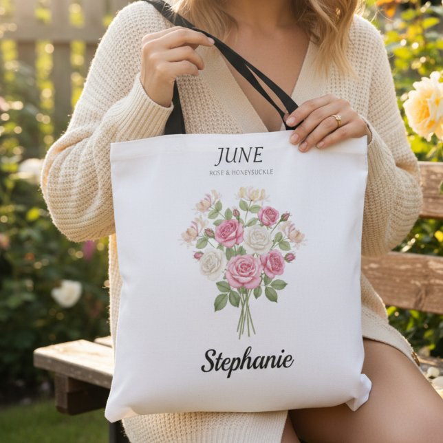 Juni Rosa Födelsemånad Blomma Mormor Present Tygkasse (Romantic Garden Rose – June Birthday Gift tote)