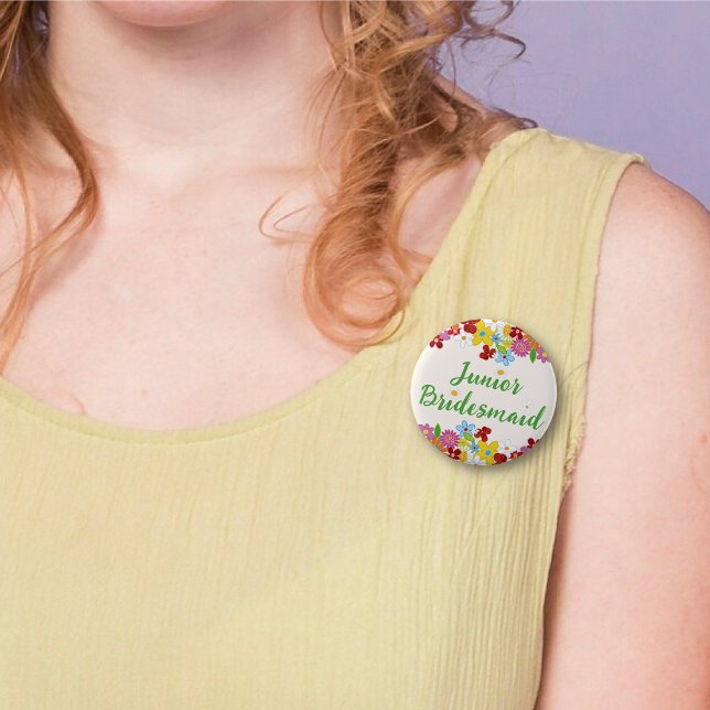 JUNIOR BRIDESMAID Vår blommor Bröllop Namn bricka Knapp (JUNIOR BRIDESMAID Spring Flowers Bridal Party / Wedding Name Tag Pinback Button @ fat_fa_tin)