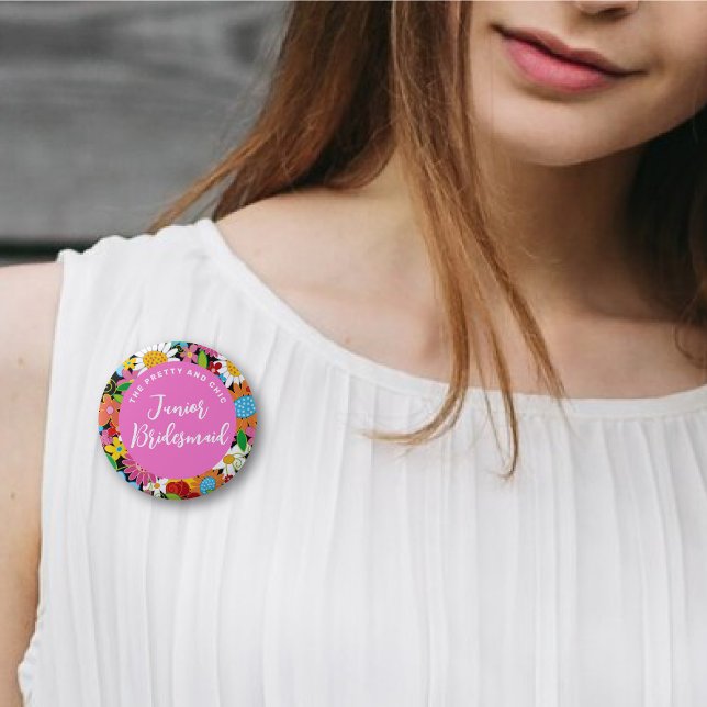 JUNIOR BRIDESMAID Vår blommor Bröllop Namn bricka Knapp (JUNIOR BRIDESMAID Colorful Spring Flowers Wedding Rehearsal Name Tag Pinback Button @ fat_fa_tin)
