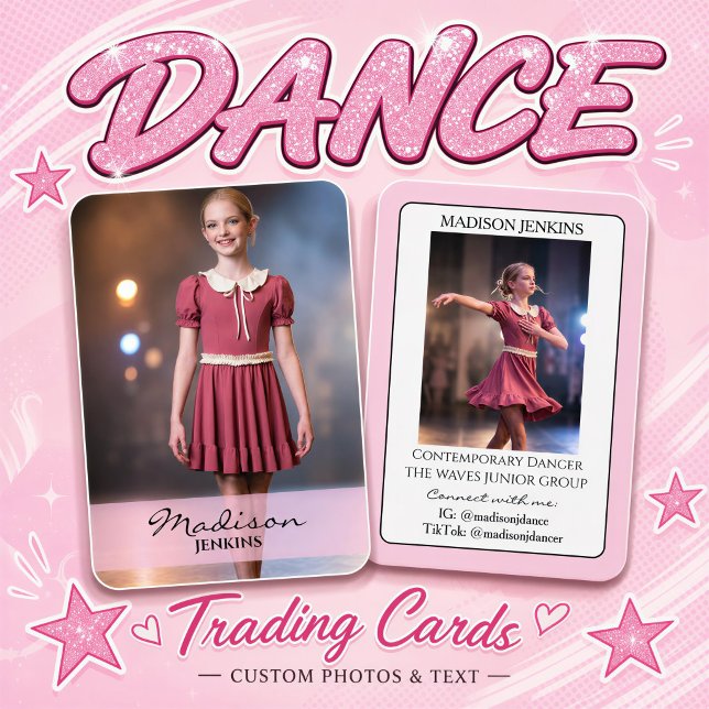 Junior Dans Autograf Trading Card Ljusrosa Kort (Junior dance trading cards for dance recitals and dance team competitions, meet & greet photo cards)