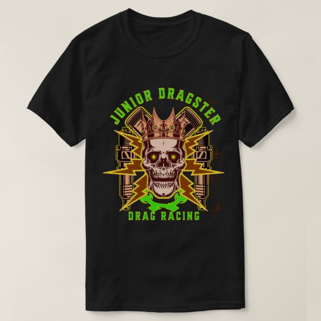 Junior Dragster Drag Tävla Skull Spark Plugs Pist T Shirt (Design framsida)