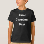 Junior Groomsman Black White Custom Name Bröllop T Shirt<br><div class="desc">Fin kalligrafi,  svart och vit Junior Groomsman t-shirt. Lägg till ditt namn. Perfekt för Bröllopsfest.</div>