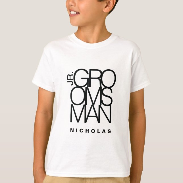 junior Groomsman i svart typografi, bröllop T Shirt (Framsida)