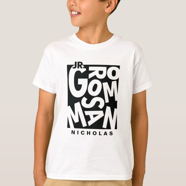junior Groomsman i svart typografi, bröllop T Shirt (Framsida)
