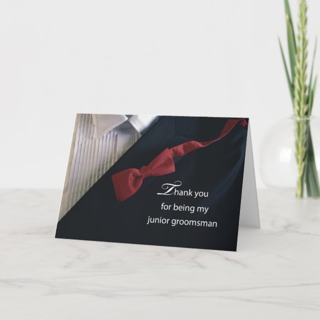 Junior Groomsman Tacks with Red Tie and Tuxedo Kort (Framsida)