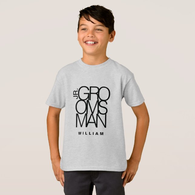 Junior Jr. Groomsman i svart typografi, bröllop T Shirt (Hel framsida)