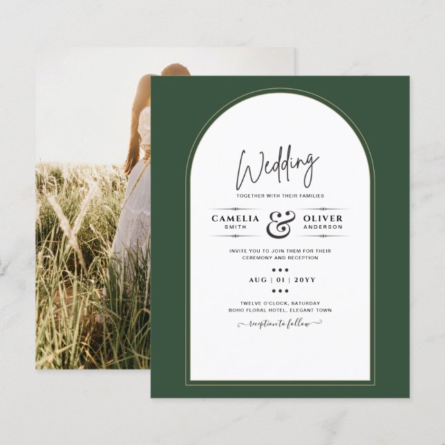 JUNIPER GRÖNT GULD PHOTO Wedding INVITE (Fram/baksida)