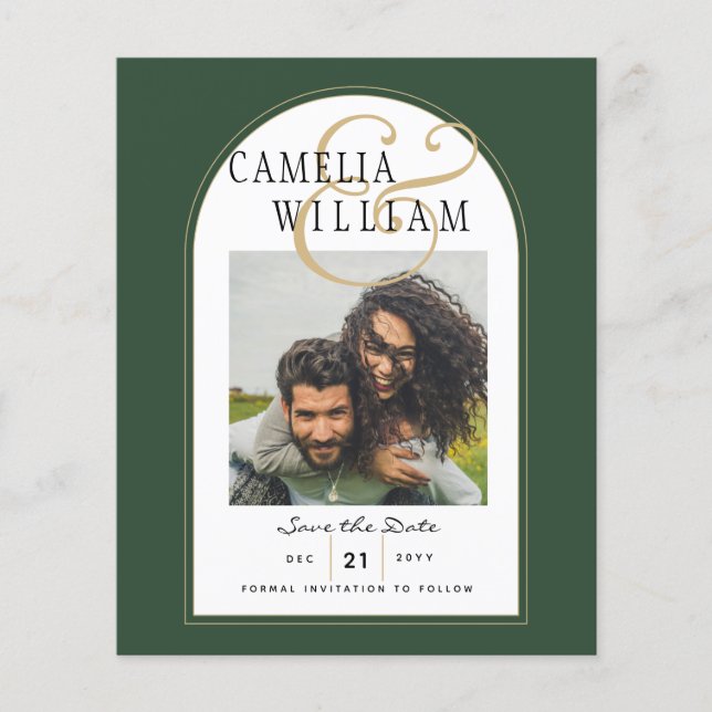 JUNIPER GRÖNT GULD PHOTO Wedding INVITE Flygblad (Framsidan)