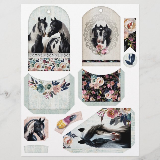 Junk Journal Ephemera med Söt Pinto Horses (Framsida)