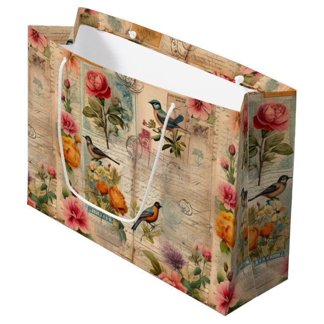 Junk Journal Seite mit Blumen + Vögel -  (Framsidan Vinklad)