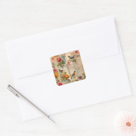 Junk Journal Seite mit Blumen + Vögel - Fyrkantigt Klistermärke