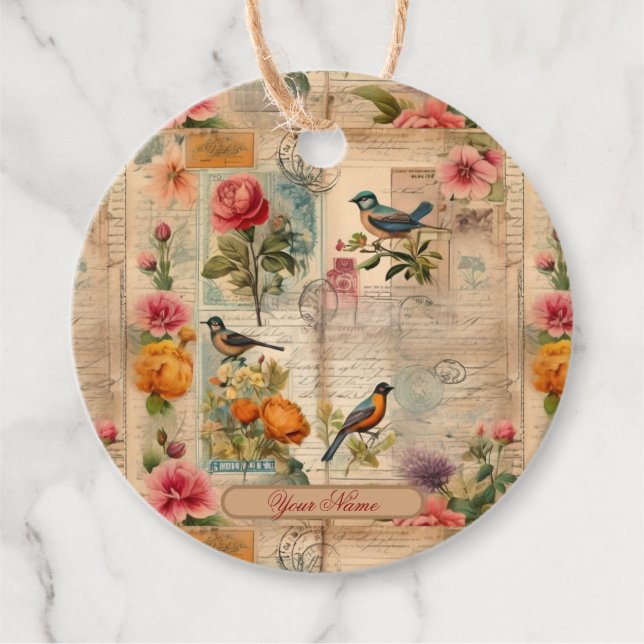 Junk Journal Seite mit Blumen + Vögel -  Gåvor Etiketter (Framsida)