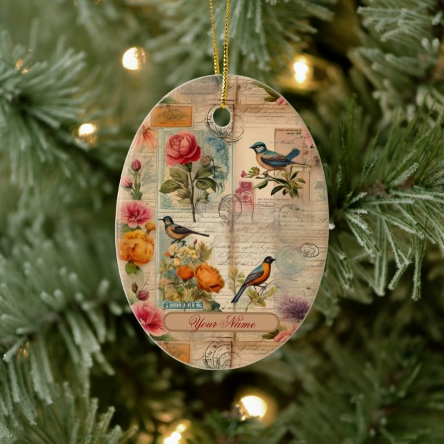 Junk Journal Seite mit Blumen + Vögel -  Julgransprydnad Keramik (Träd)