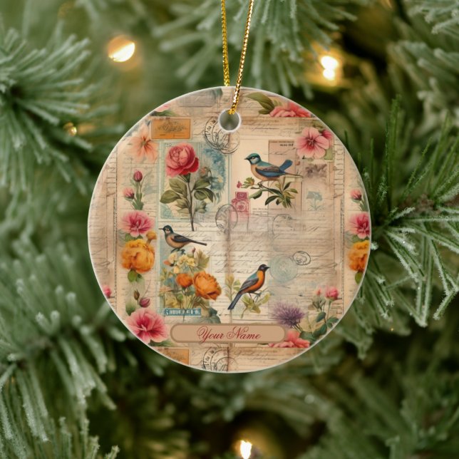 Junk Journal Seite mit Blumen + Vögel -  Julgransprydnad Keramik (Träd)