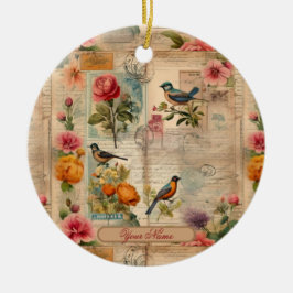 Junk Journal Seite mit Blumen + Vögel - Julgransprydnad Keramik