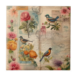 Junk Journal Seite mit Blumen + Vögel - Kakelplatta