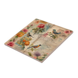 Junk Journal Seite mit Blumen + Vögel - Kakelplatta