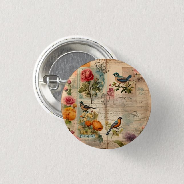 Junk Journal Seite mit Blumen + Vögel -  Knapp (Framsida & baksida)