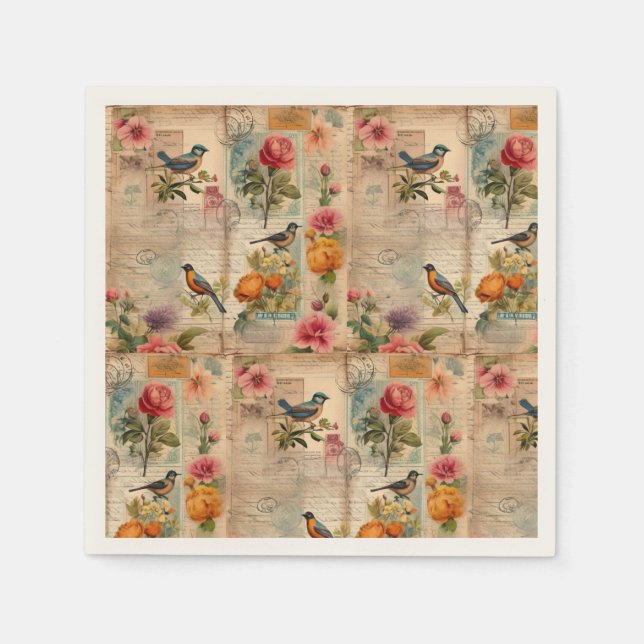Junk Journal Seite mit Blumen + Vögel -  Pappersservett (Framsidan)