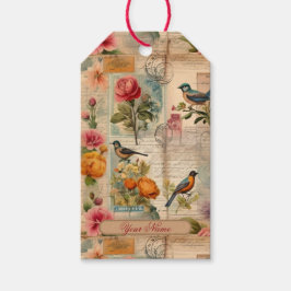 Junk Journal Seite mit Blumen + Vögel -  Presentetikett