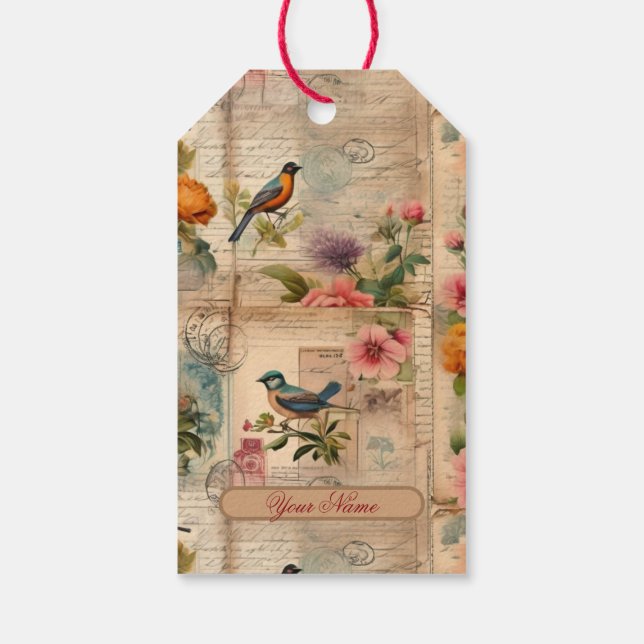 Junk Journal Seite mit Blumen + Vögel -  Presentetikett (Baksidan)