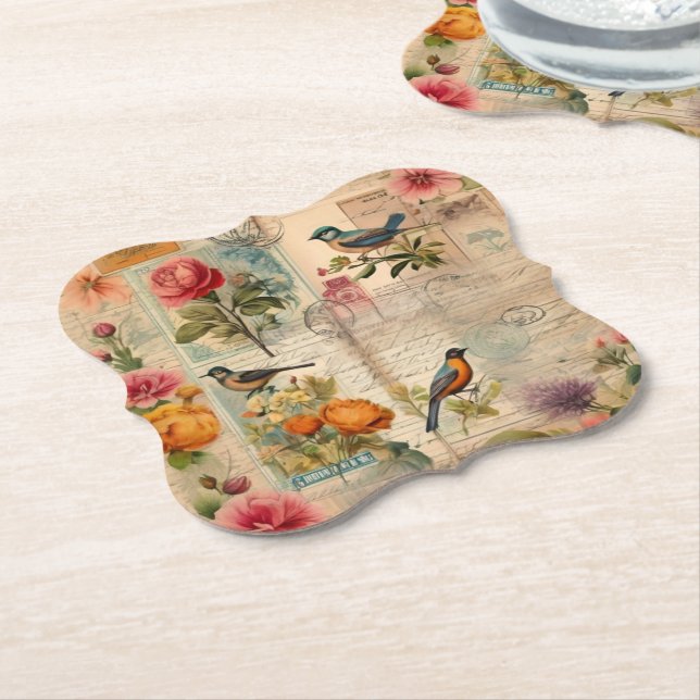 Junk Journal Seite mit Blumen + Vögel -  Underlägg Papper (Vinklad)