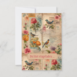 Junk Journal Seite mit Blumen + Vögeln -  Inbjudningar