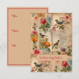 Junk Journal Seite mit Blumen + Vögeln - Inbjudningar